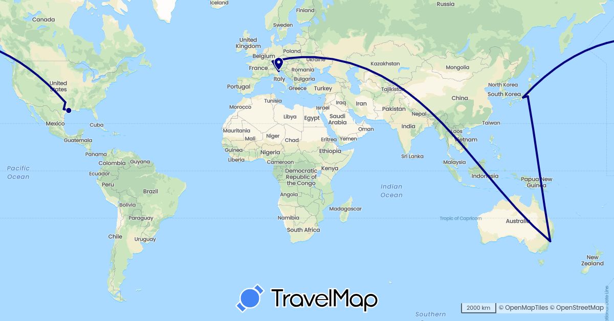 TravelMap itinerary: driving in Australia, Germany, Italy, Japan, United States (Asia, Europe, North America, Oceania)
